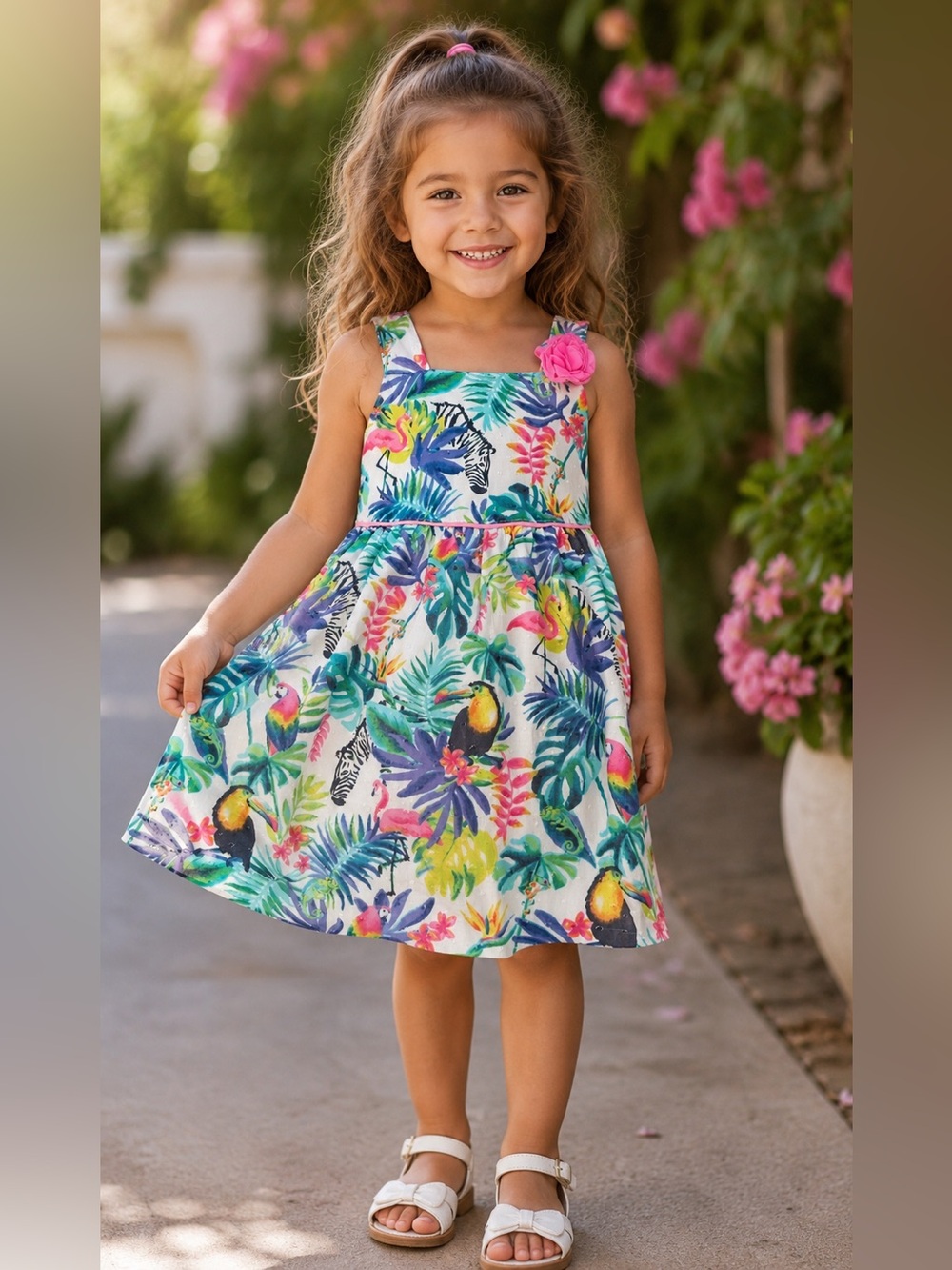 Penelope Mack girls’ sundress size 5. Tropical/zebra print. Lined. 100% Cotton